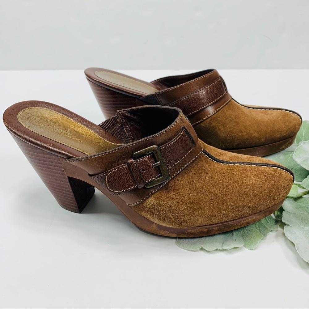 COLE HAAN | Brown Suede Clog Mules Buckle Detail